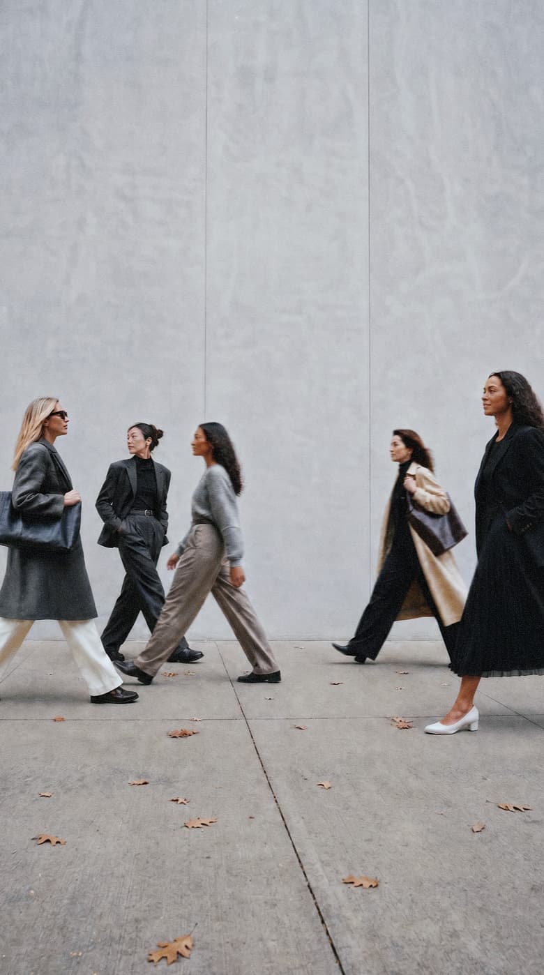 Five women in tailored autumn coats walking along a city sidewalk